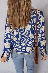 Blue Flower Print Open Front Buttoned Cuffs Jacket