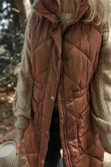 Coffee Puffer Quilted Stand Collar Pocketed Vest Coat - Femstylo