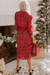 Red Christmas Plaid V Neck Tie Waist Ruffle Hem Long Dress