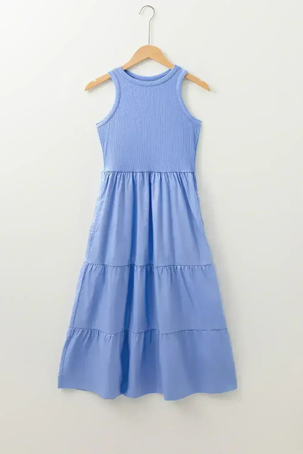 Sepia Rose Ribbed Vest Patchwork Tiered Midi Dress - Femstylo