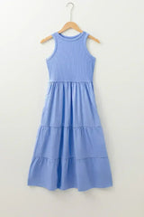 Sepia Rose Ribbed Vest Patchwork Tiered Midi Dress - Femstylo