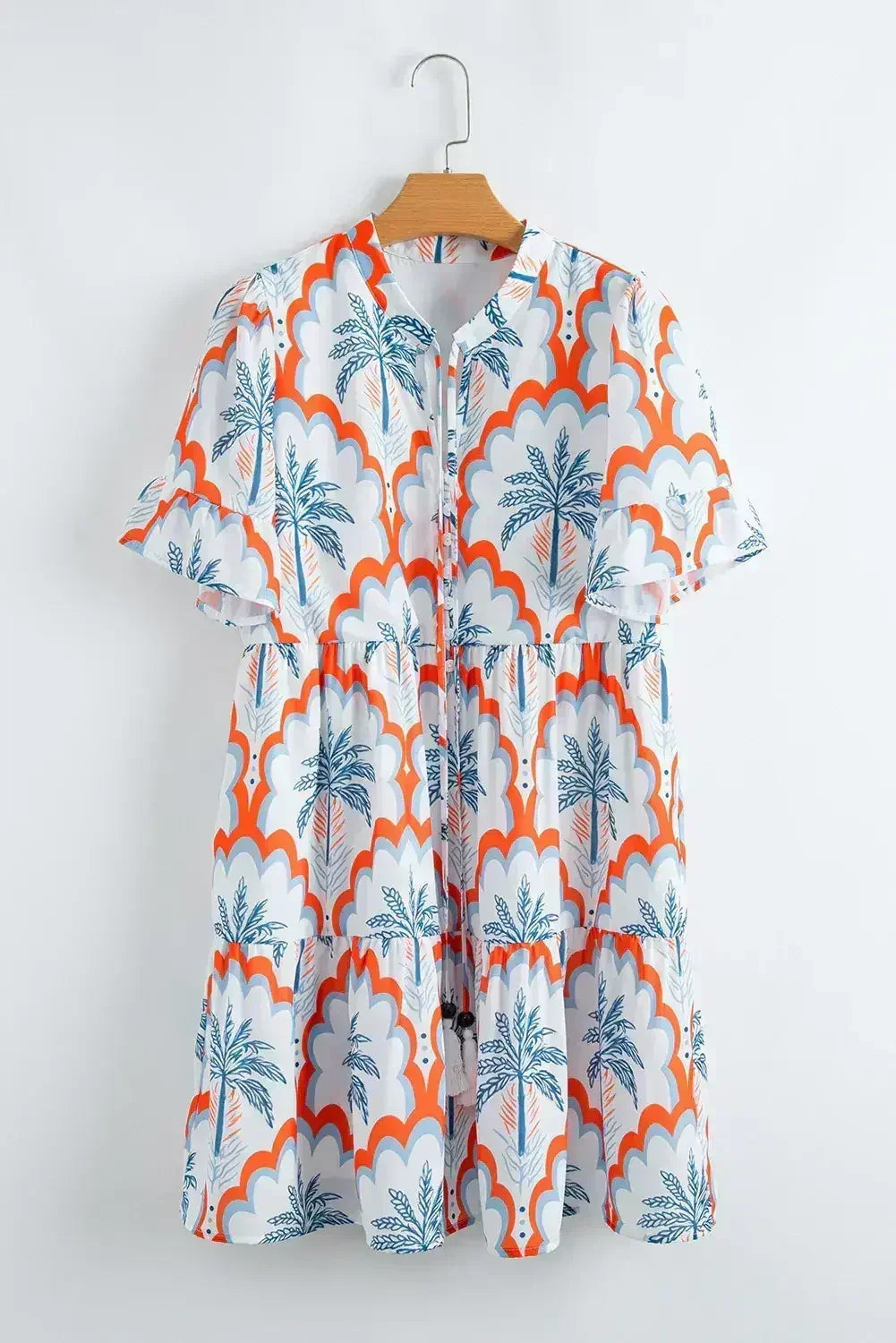 Orange Palm Tree Print Short Sleeve Flowy Dress - Femstylo