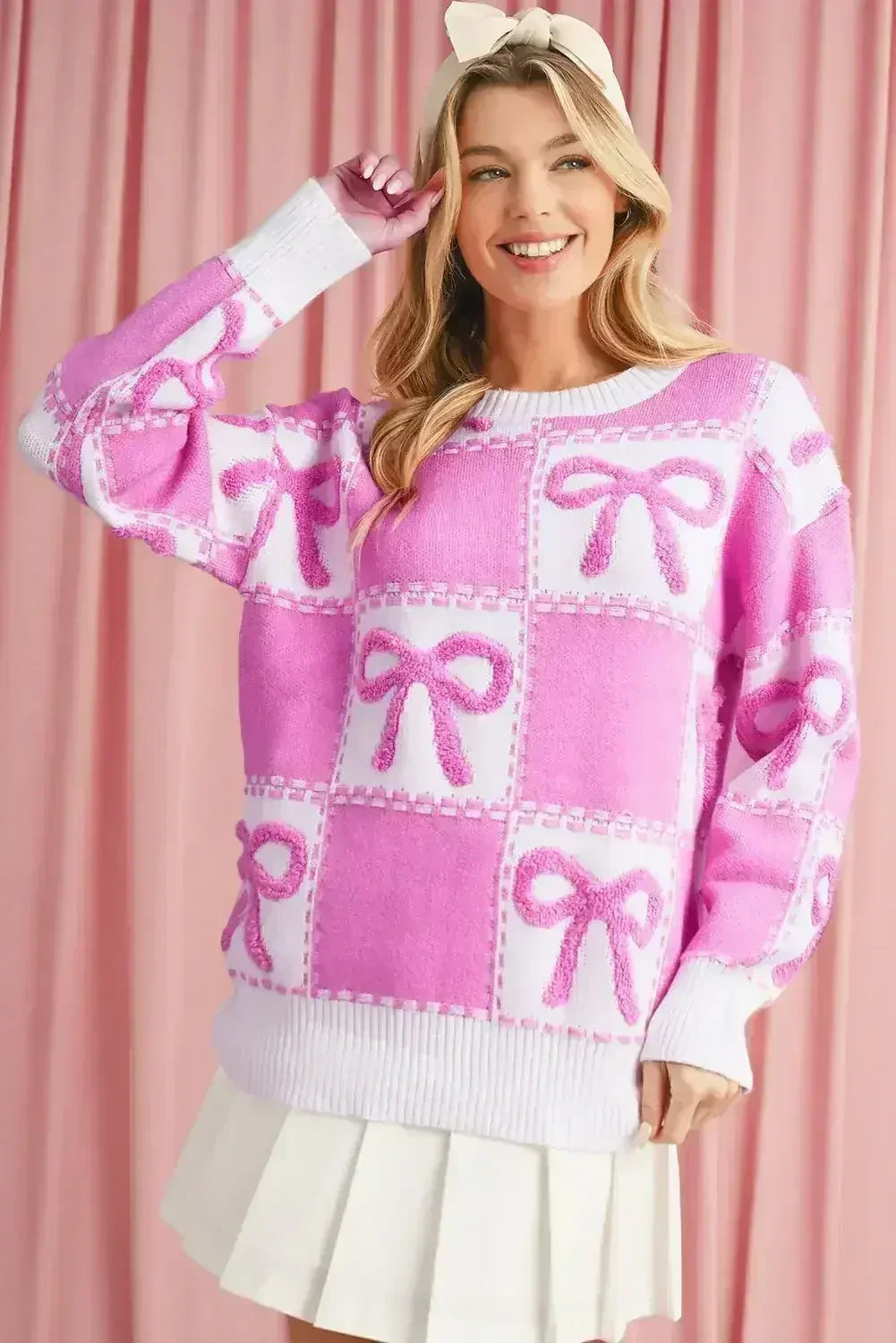 Pink Sweet Bow Two Tone Checkered Sweater - Femstylo