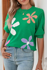 Bright Green 60s Floral Bubble Short Sleeve Knitted Top - Femstylo