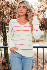 White Striped V Neck Drop Sleeve Sweater for Women - Femstylo
