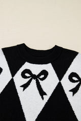 Black Bow Pattern 2-tone Rhombus Knit Loose Sweater