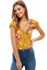 Floral Printed Peasant Style Bodysuit - Femstylo