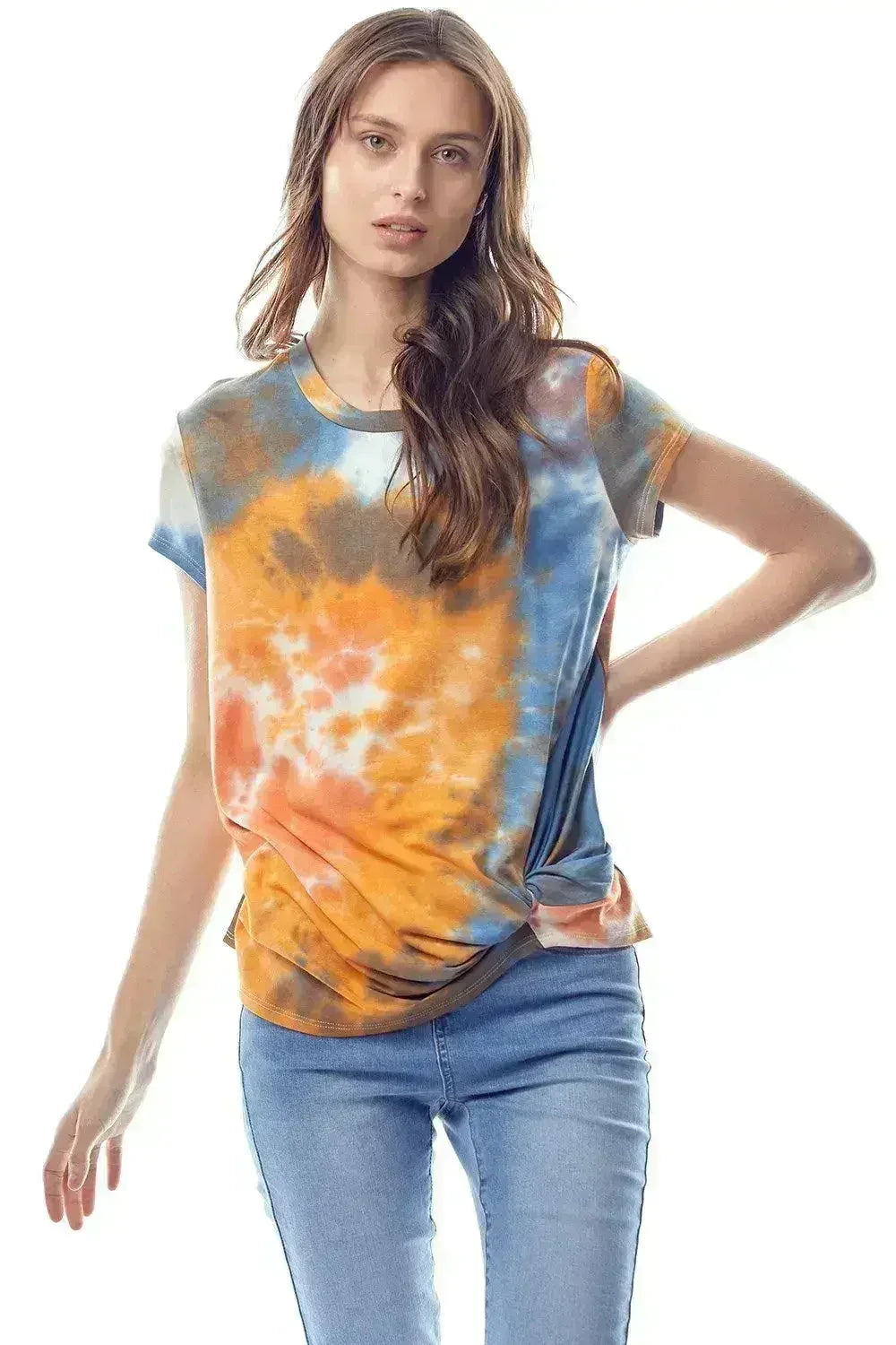 Tie-Dye Twist Front Short Sleeve Top - Femstylo