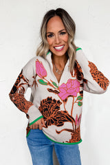 Khaki Contrast Trim Floral Pattern Quarter Zip Stand Neck Sweater