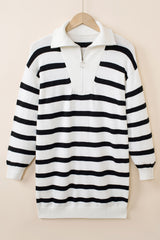 White Striped O-ring Zip Collared Loose Sweater Mini Dress - Femstylo