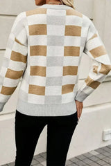 Khaki Checkered Crew Neck Drop Shoulder Knit Sweater - Femstylo