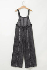 Blue Light Wash Frayed Exposed Seam Wide Leg Denim Overalls - Femstylo