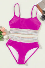 Rose Striped Patchwork Spaghetti Strap High Waist Bikini Set - Femstylo