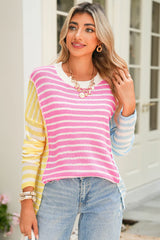 Multicolour Colorblock Striped Patchwork Dolman Sleeve Slit Sweater