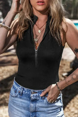 Black Zip Up Mock Neck Ribbed Sleeveless Bodysuit - Femstylo