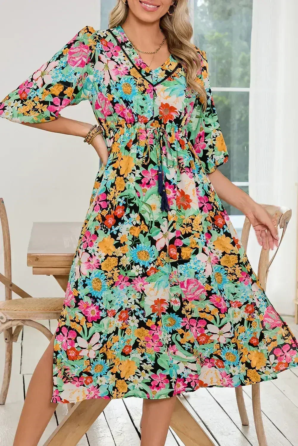 Green Boho Floral Puff Sleeve V Neck Tassel Drawstring Midi Dress - Femstylo