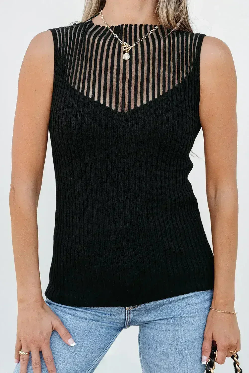 Black Mesh Cutout Knit Vest - Edgy Ribbed Design | Femstylo - Femstylo