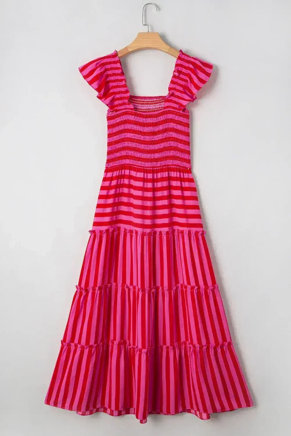 Rose Stripe Ruffle Strap Shirred Bodice Tiered Maxi Dress - Femstylo
