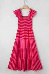 Rose Stripe Ruffle Strap Shirred Bodice Tiered Maxi Dress - Femstylo