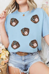Light Blue Baseball Sequin Patched Casual T Shirt
