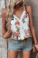 White Floral Print Lace V Neck Tank Top - Femstylo