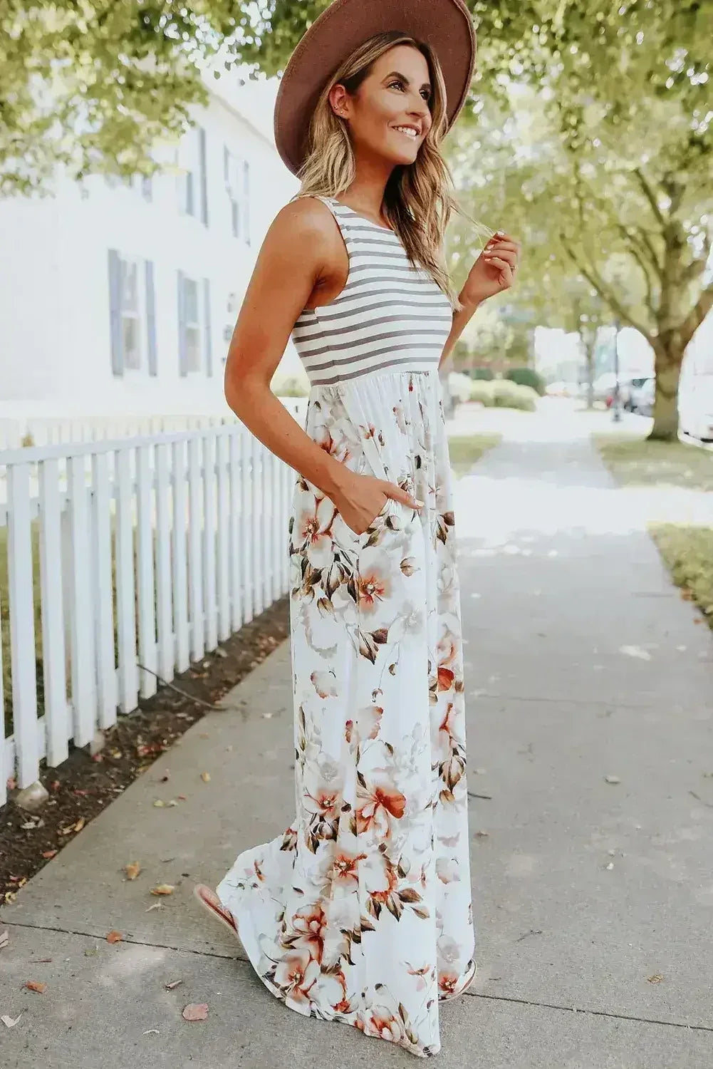 White Boho Stripes & Floral Print Floor Length Tank Dress - Femstylo