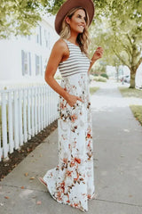 White Boho Stripes & Floral Print Floor Length Tank Dress - Femstylo