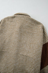 Khaki Houndstooth Patchwork Shacket | Fit Textured Jacket - Femstylo