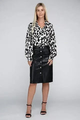 Button Front PU Skirt – High Waist Midi with Pockets - Femstylo