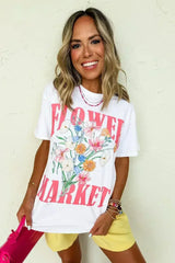 White FLOWER MARKET Letter Graphic T Shirt - Femstylo