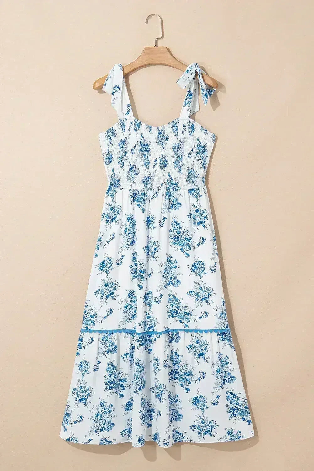 Sky Blue Floral Print Smocked Knot Shoulder Sleeveless Midi Dress - Femstylo