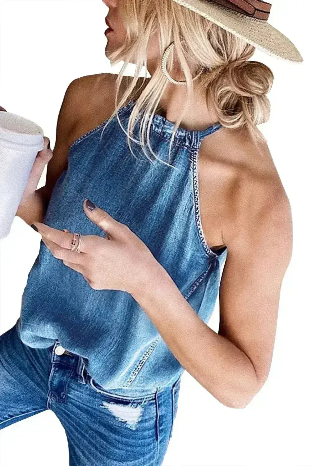 Halter Neck Denim Tank Top - Femstylo