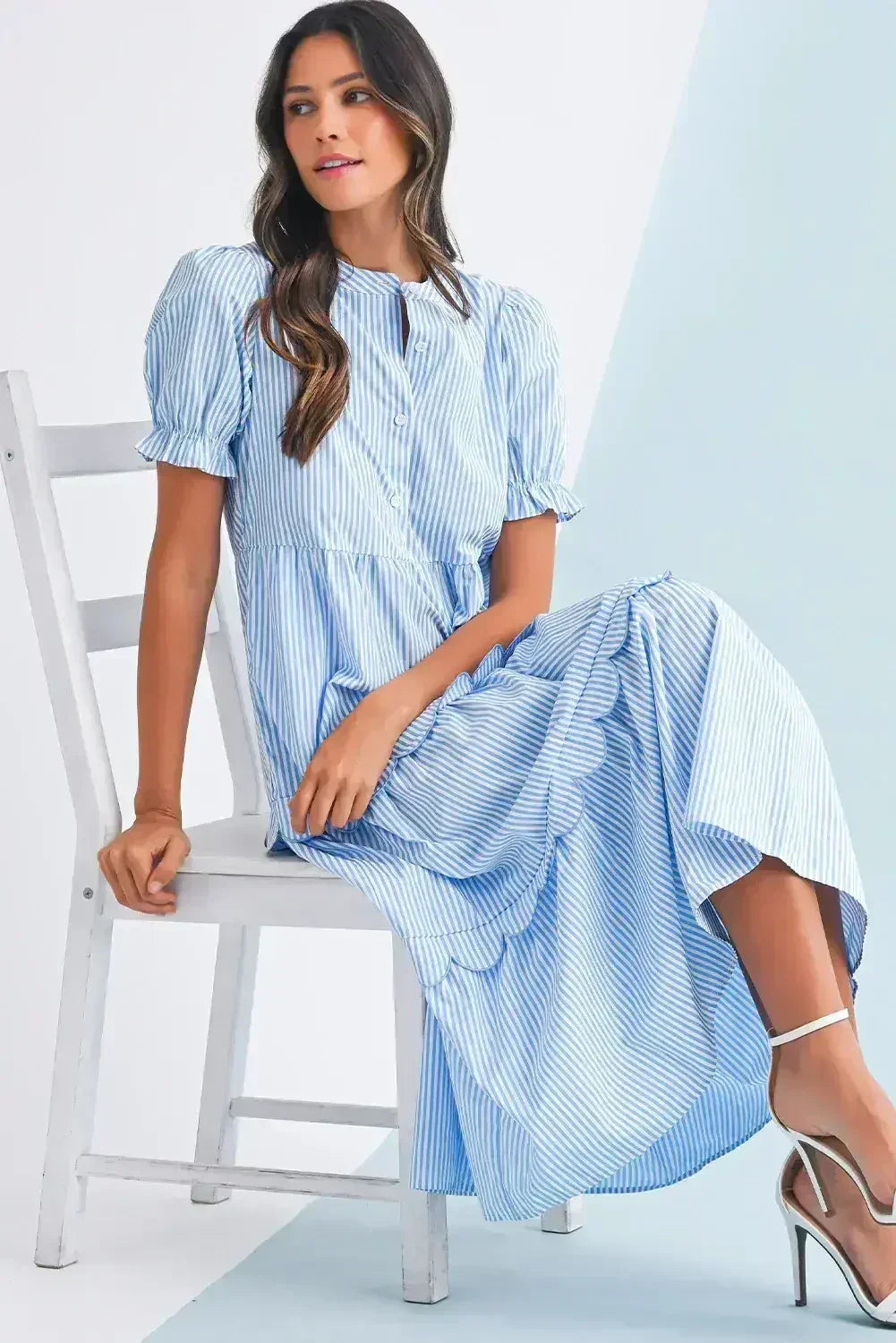 Sky Blue Stripe Bubble Sleeve Scallop Tiered Dress - Femstylo