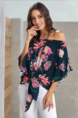 Navy Off Shoulder Floral Tie Front High Low Chiffon Blouse - Femstylo