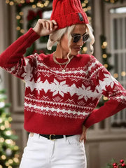 Perfee Geometric Round Neck Long Sleeve Sweater - Femstylo