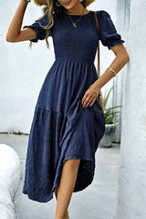 Sail Blue Solid Textured Smocked High Waist Midi Dress - Femstylo