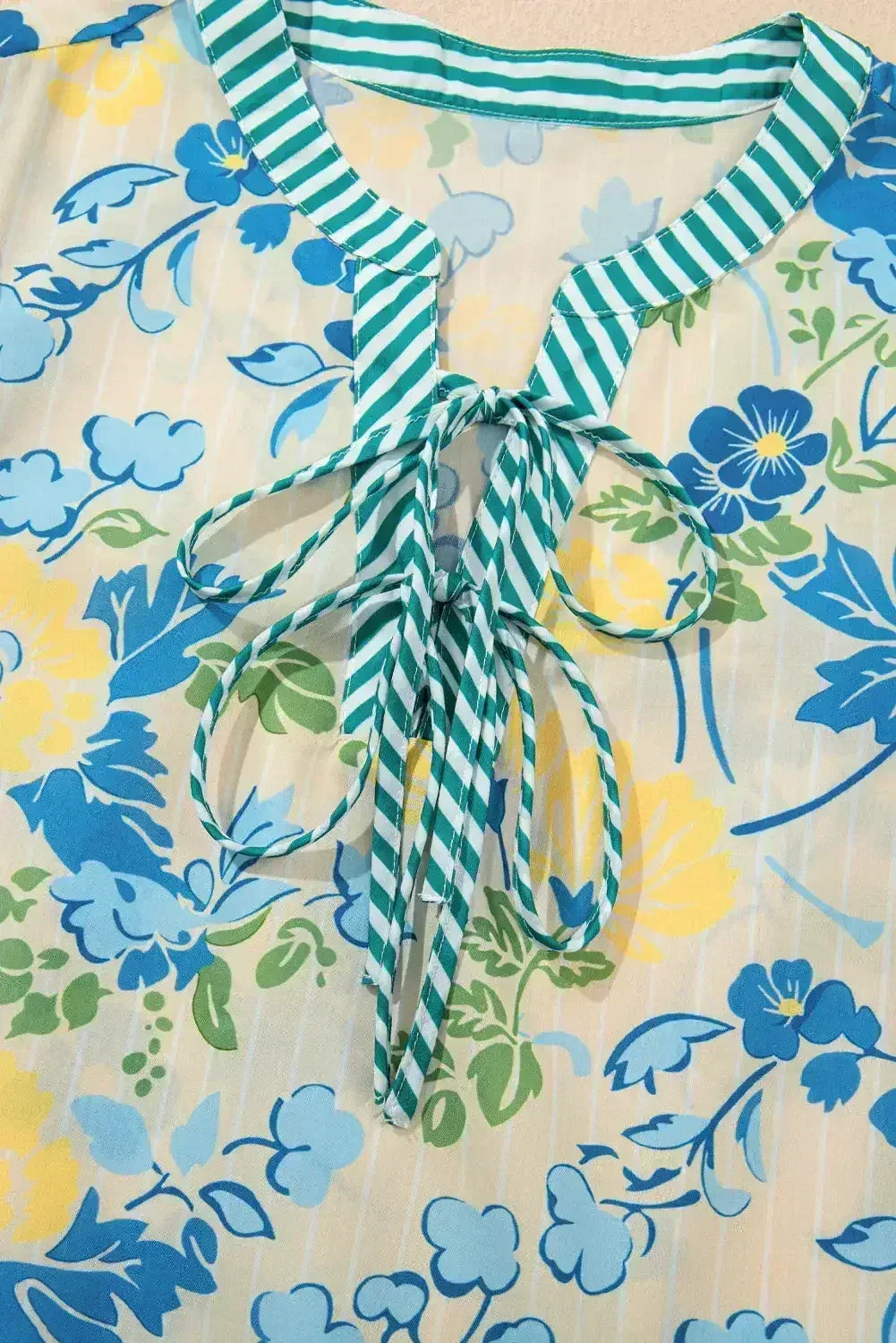 Blue Floral Print Striped Trim Puff Sleeve Mini Dress - Femstylo