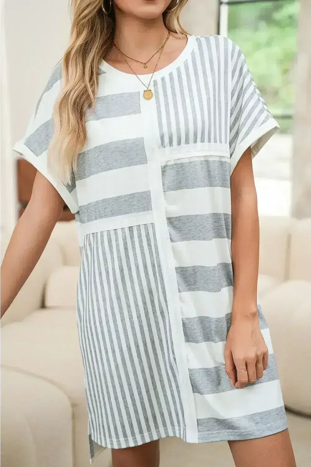 Gray Stripe Mixed Printed Short Sleeve Shift Mini T Shirt Dress - Femstylo