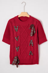 Fiery Red Plaid Lace-up Detail Christmas Holiday Puff Short Sleeve Sweater