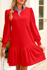 Fiery Red Striped Collar Long Sleeve Ruffle Hem Dress