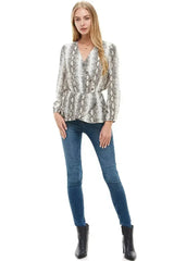 Snake V neck Button Front Peplum Long Sleeve Blouse Top | Femstylo - Femstylo