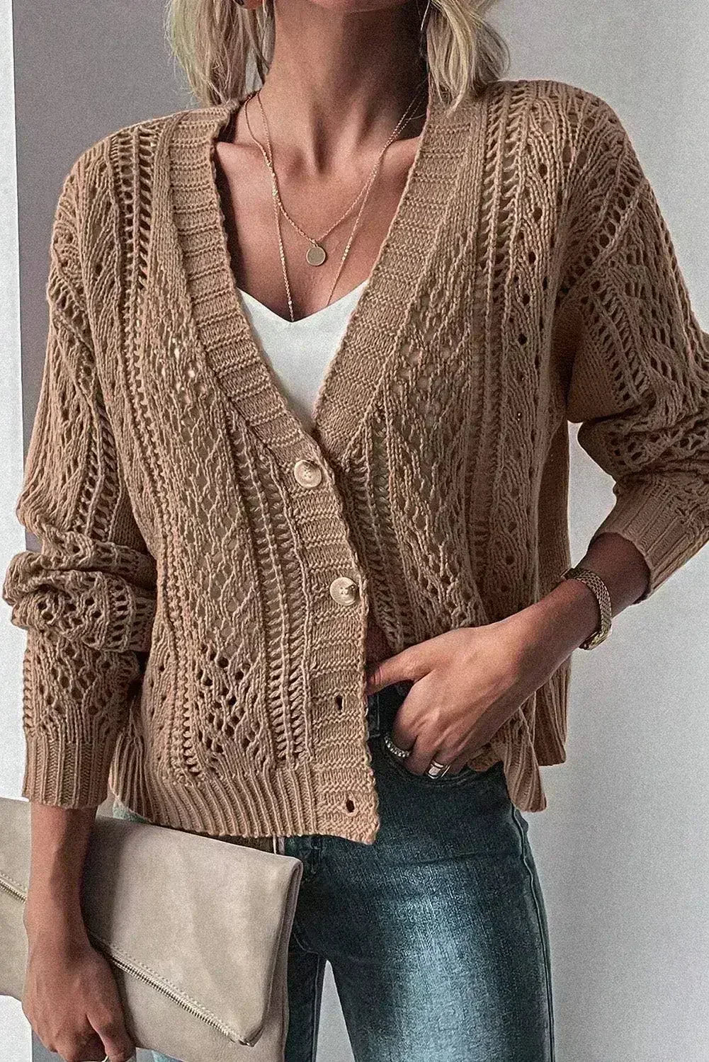 Dark Khaki Cardigan – Open Knit Drop Shoulder Sweater | Cotton-Acrylic Blend - Femstylo