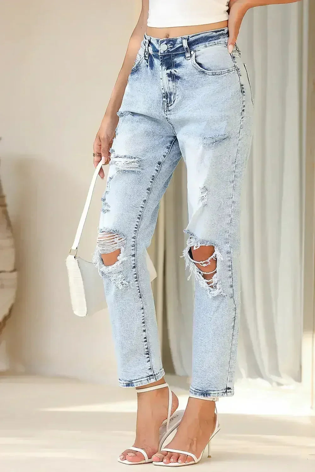 Sky Blue Light Wash Frayed Slim Fit High Waist Jeans - Femstylo
