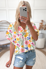 Yellow Allover Floral Print Boxy Fit V Neck Blouse
