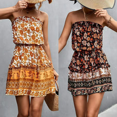 Women's Bohemian Floral Print Strapless Dress Summer Beach Dress - Femstylo