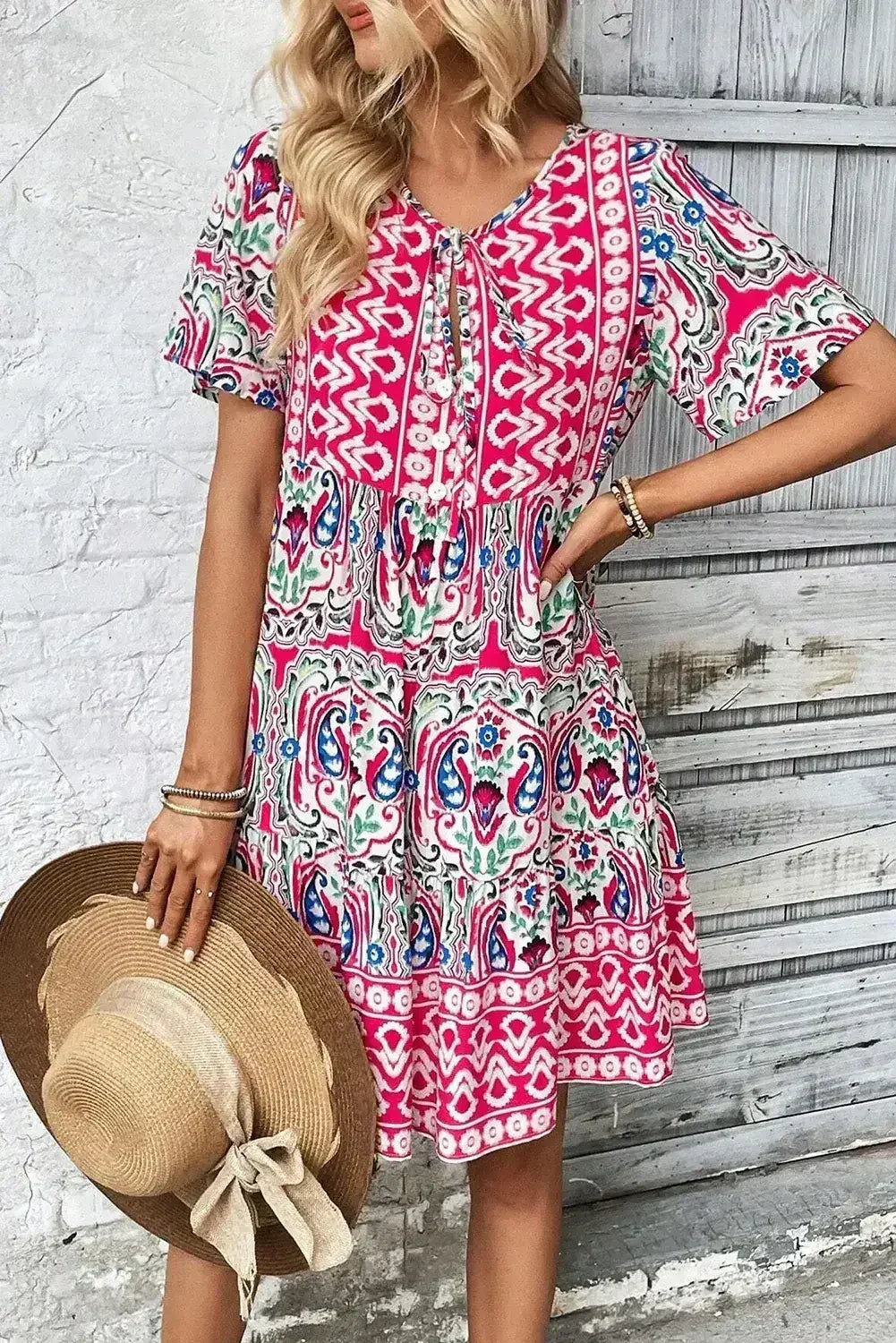 Pink Bohemian Tie Neck Flounce Sleeve Ruffle Hem Mini Dress - Femstylo