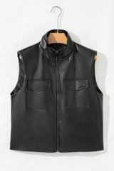 Black Double Flap Pocket Faux Leather Zip Up Stand Neck Vest