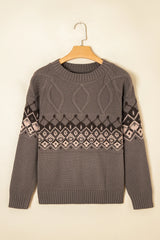 Light French Beige Geometric Pattern Crew Neck Knitted Sweater