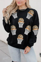 Black Basketball Patched Game Day Crew Neck Graphic Sweatshirt - Femstylo