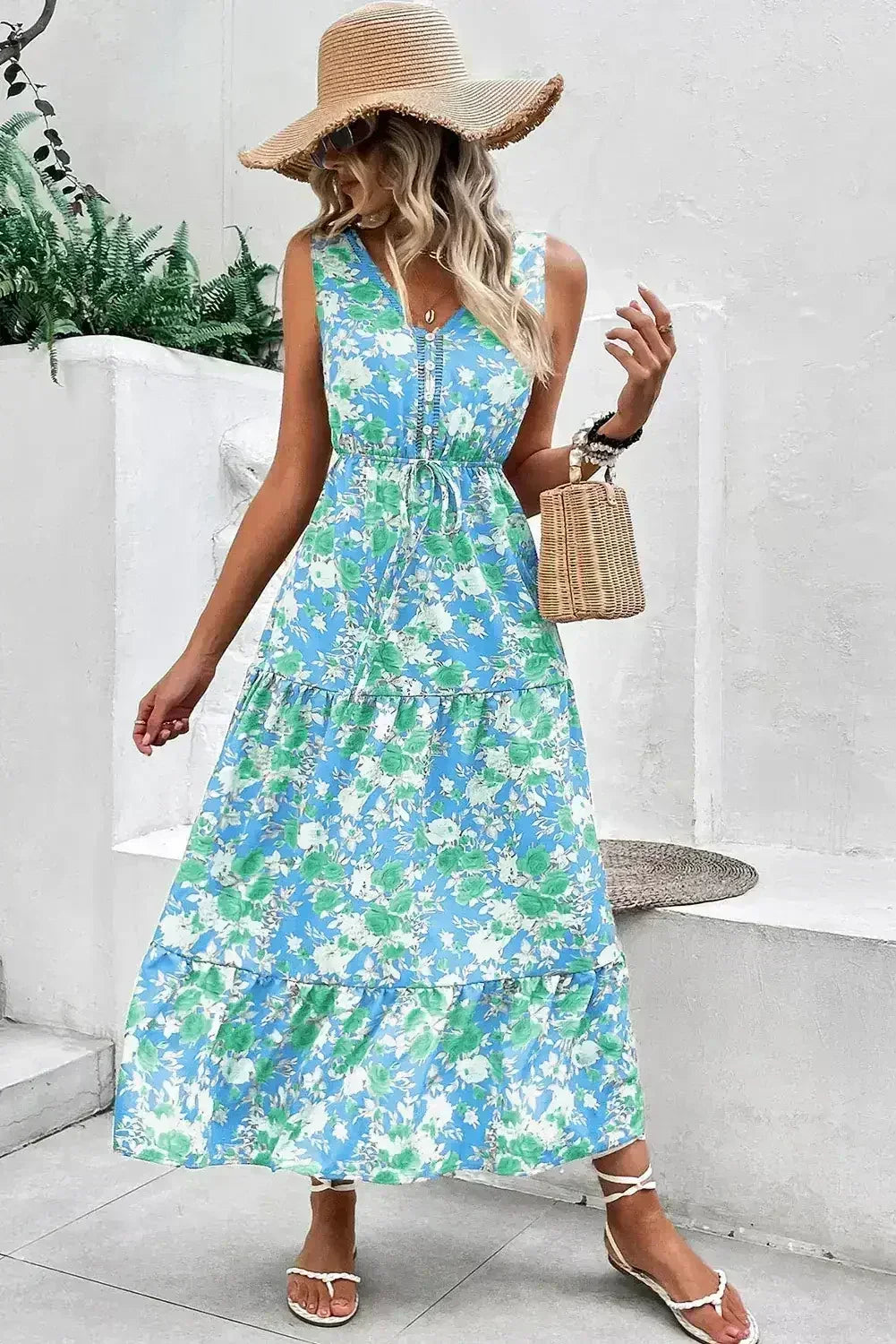 Green Floral Print Trimmed V Neck Sleeveless Vacation Dress - Femstylo
